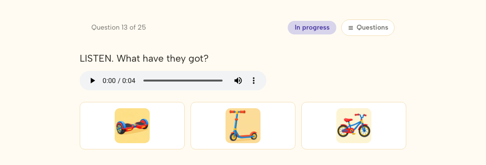 Pregunta de listening con reproductor de audio y tres opciones ilustradas visibles